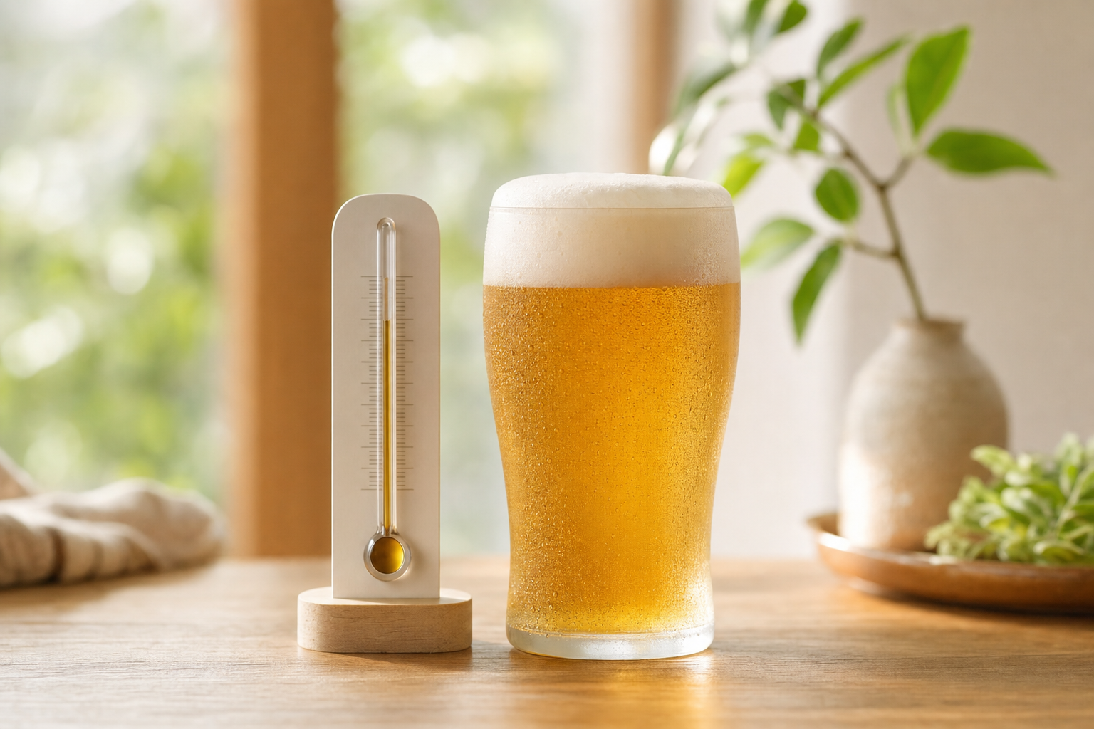 温度計とノンアルビールのグラスを並べた静物写真