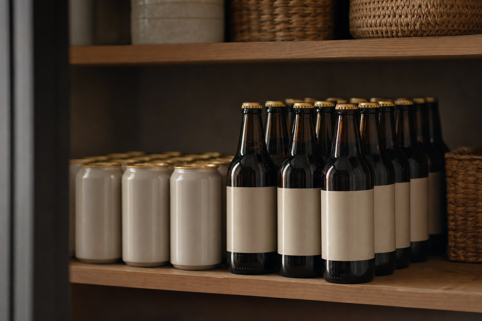 暗所で整然と保管されたノンアルコールビールの缶と瓶