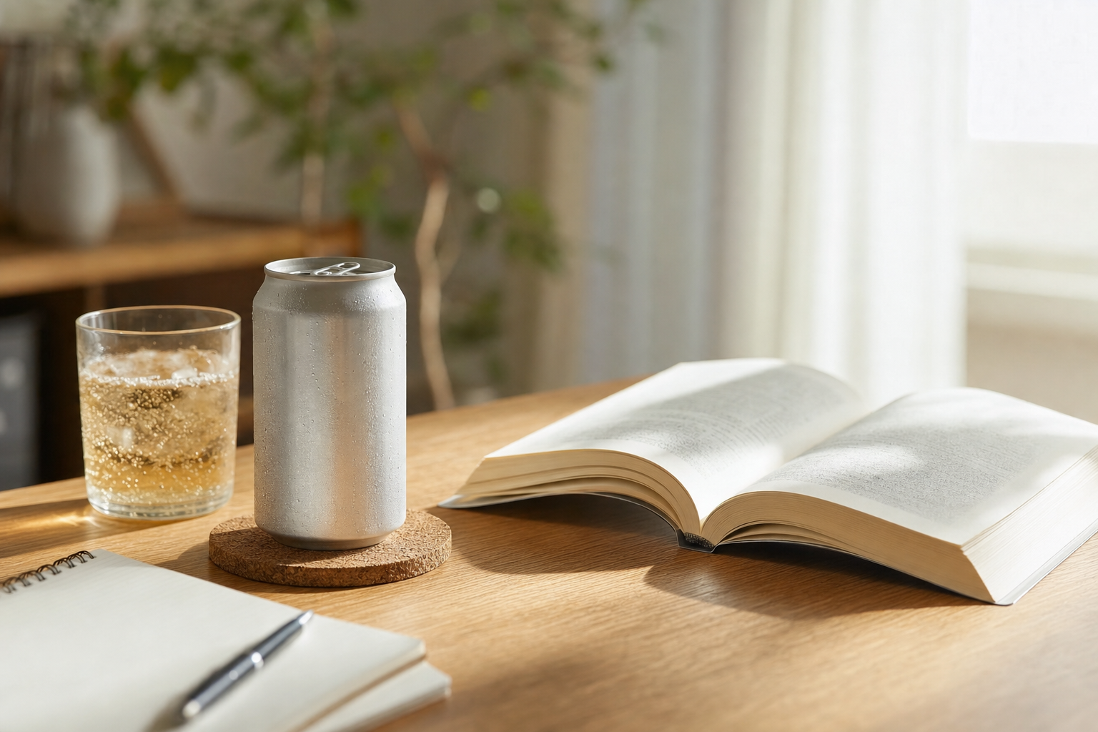 ノンアル飲料の缶と用語辞典が並ぶデスクの風景