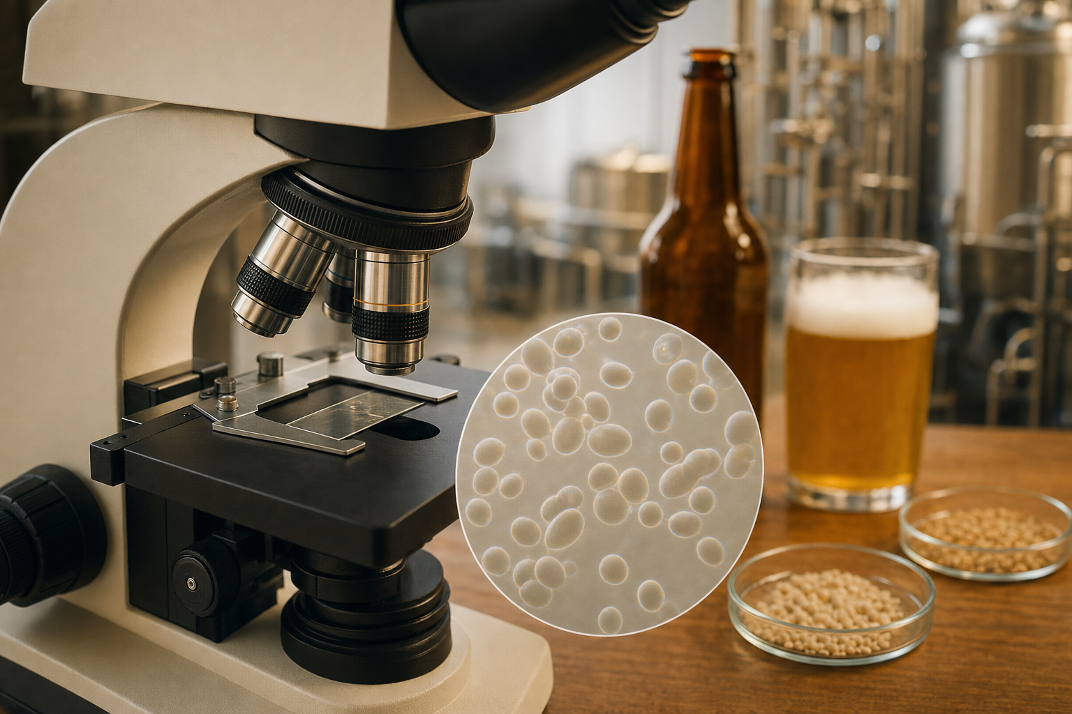 ノンアルコールビールの製造に使われる酵母を顕微鏡で観察するイメージ