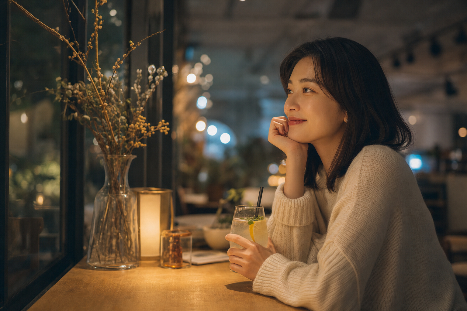 夜のカフェでノンアルドリンクを片手に微笑む女性