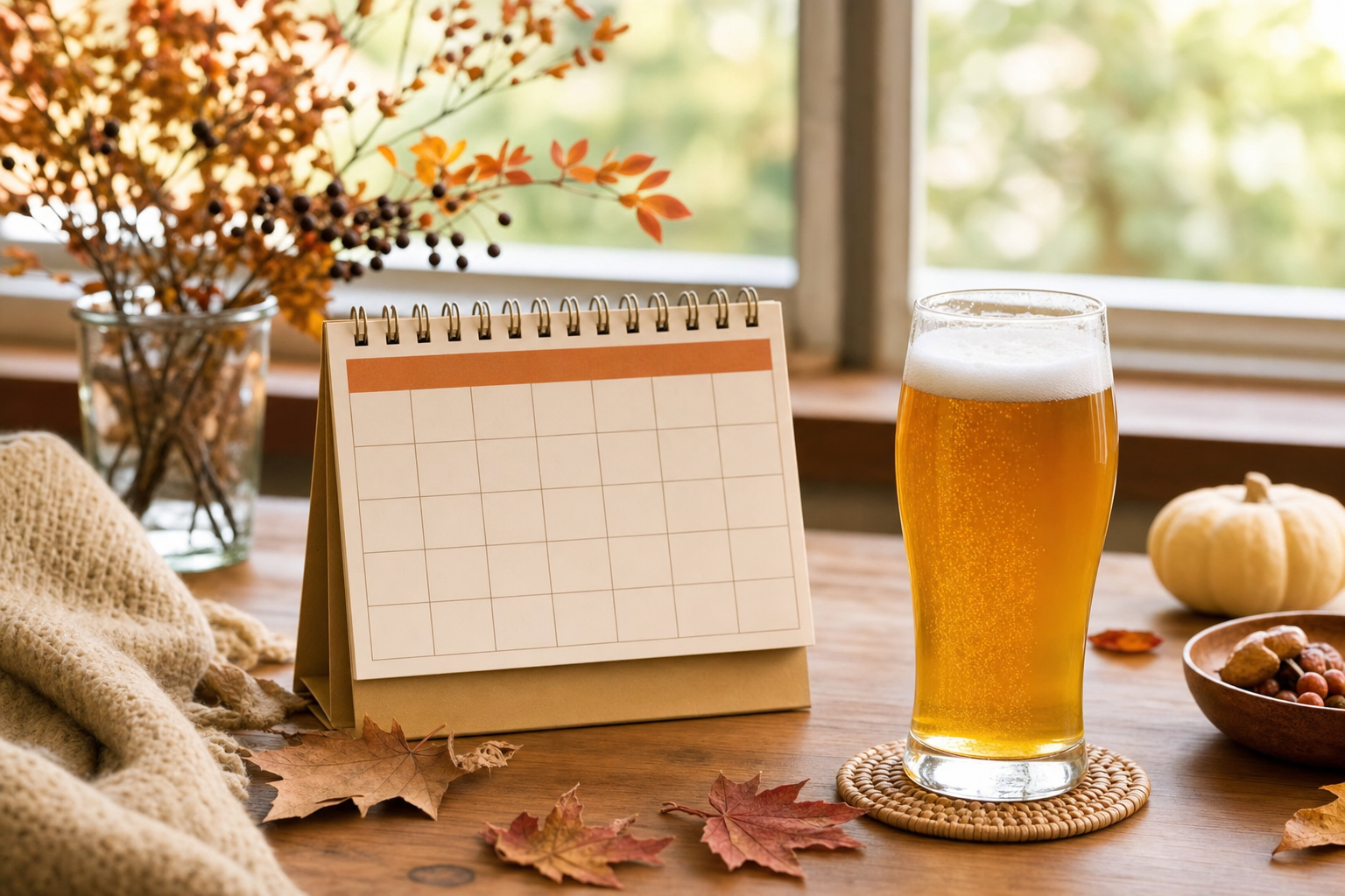 10月のカレンダーとノンアルコールビールのグラスが置かれた秋のテーブル