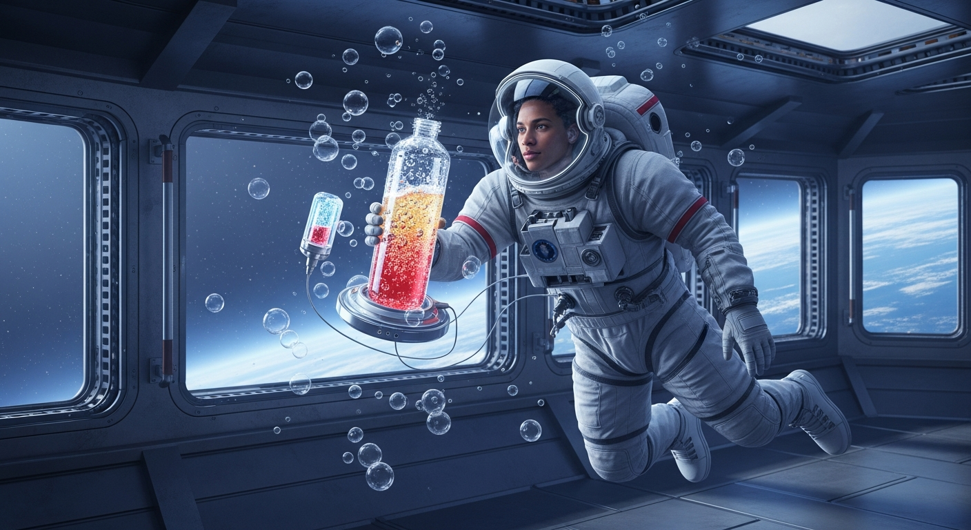 無重力空間で宙に浮かぶシュワシュワとしたノンアルコール飲料の気泡と宇宙船の窓から見える青い地球 (ファイル名: space-non-alcoholic-beverage.jpg)