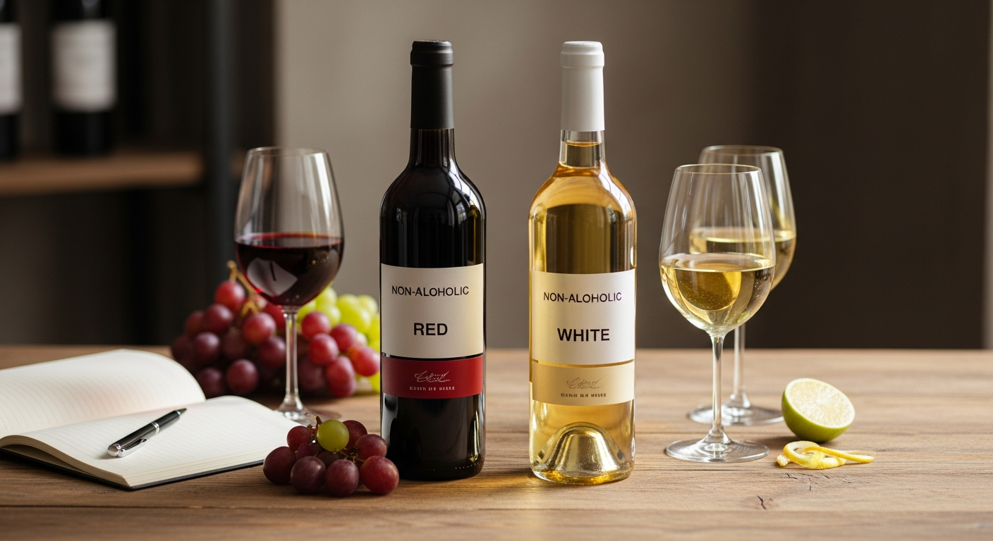 赤と白の脱アルコールワインが注がれた美しいワイングラスとブドウ (ファイル名: dealcoholized-wine-comparison.jpg)