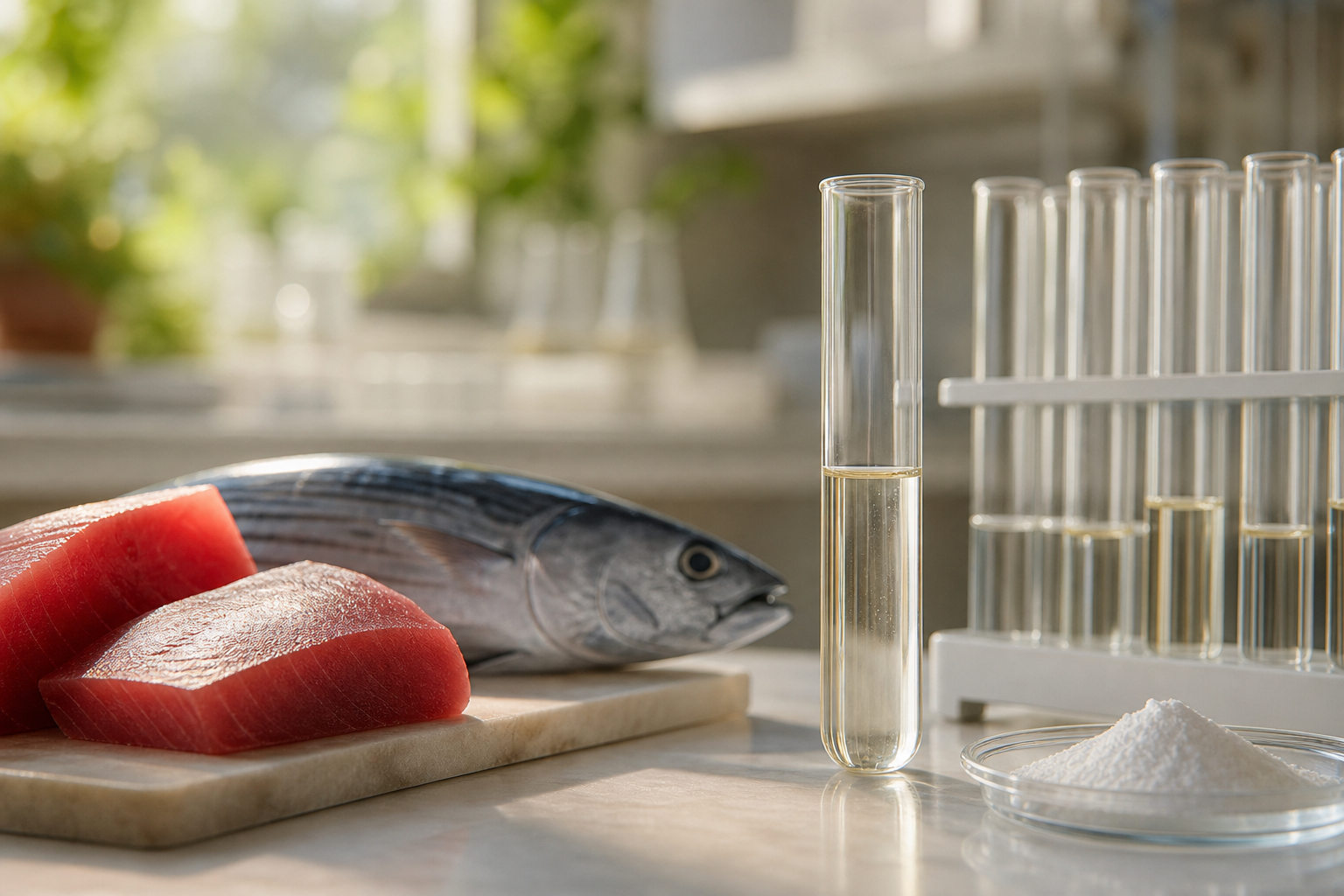 マグロとカツオから抽出されるアンセリンを示す研究室の試験管イメージ