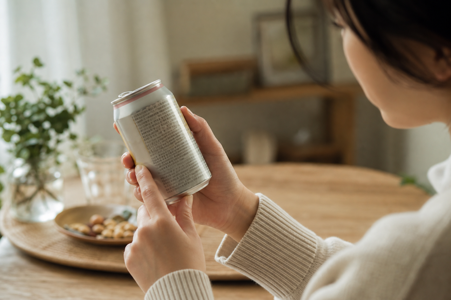ノンアル缶のラベルに書かれた届出表示を読む手元