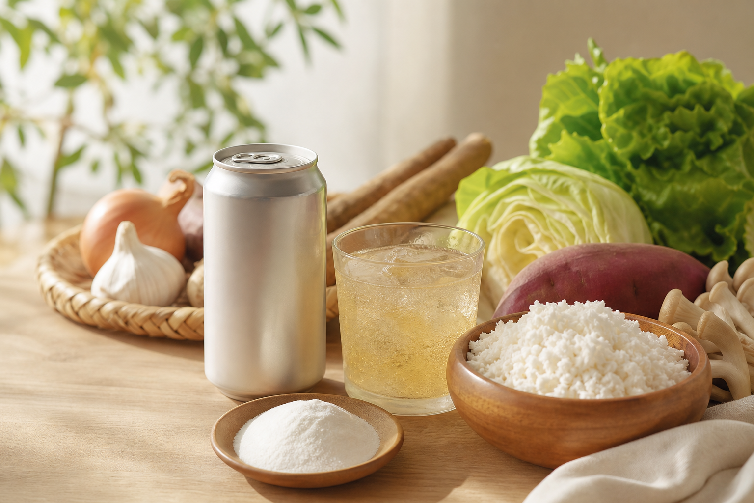 ノンアル飲料の缶と食物繊維イメージのイラスト