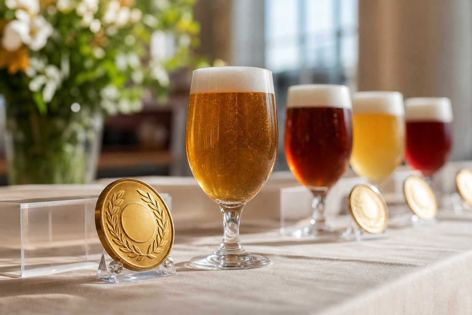 金メダルとノンアルコールビールのグラスが並ぶ品評会のテーブル