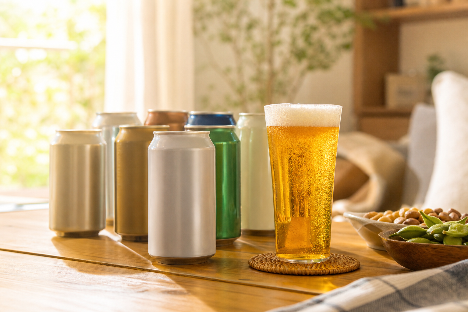 テーブルに並ぶノンアルコールビールの缶と泡立つグラス