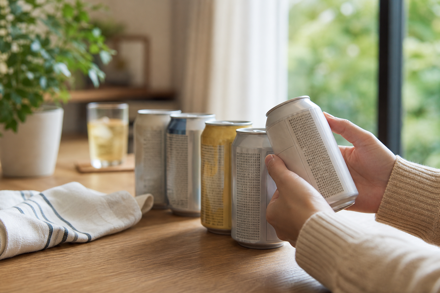 ノンアル飲料の缶を並べて成分表示を確認する手元