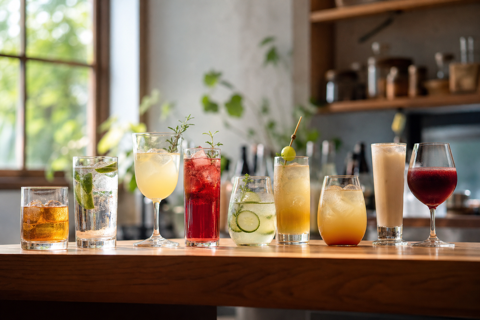 カウンターに並ぶ多彩なノンアルコール飲料のグラス