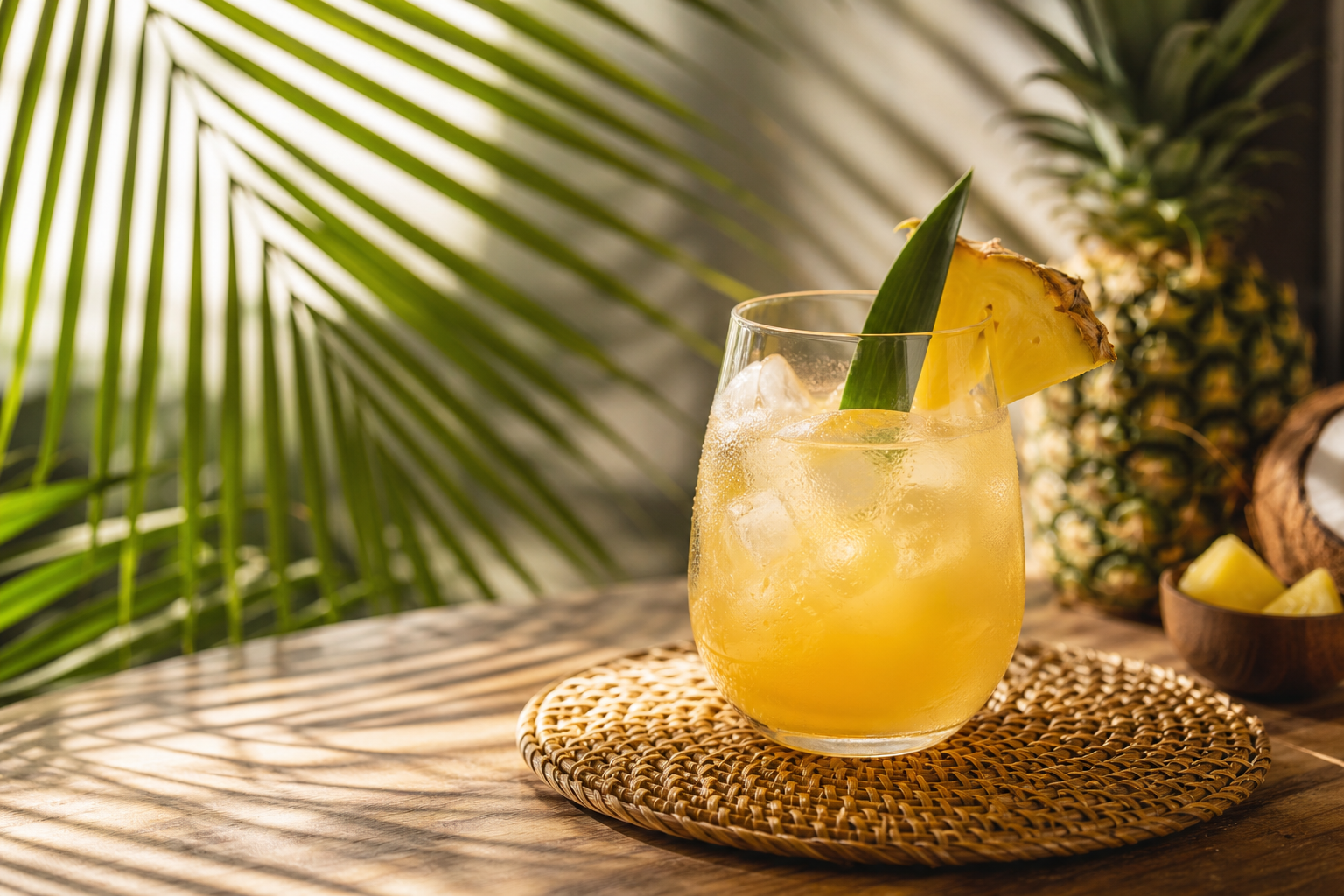 ヤシの葉を背景にしたノンアルコールラムのモクテルグラス