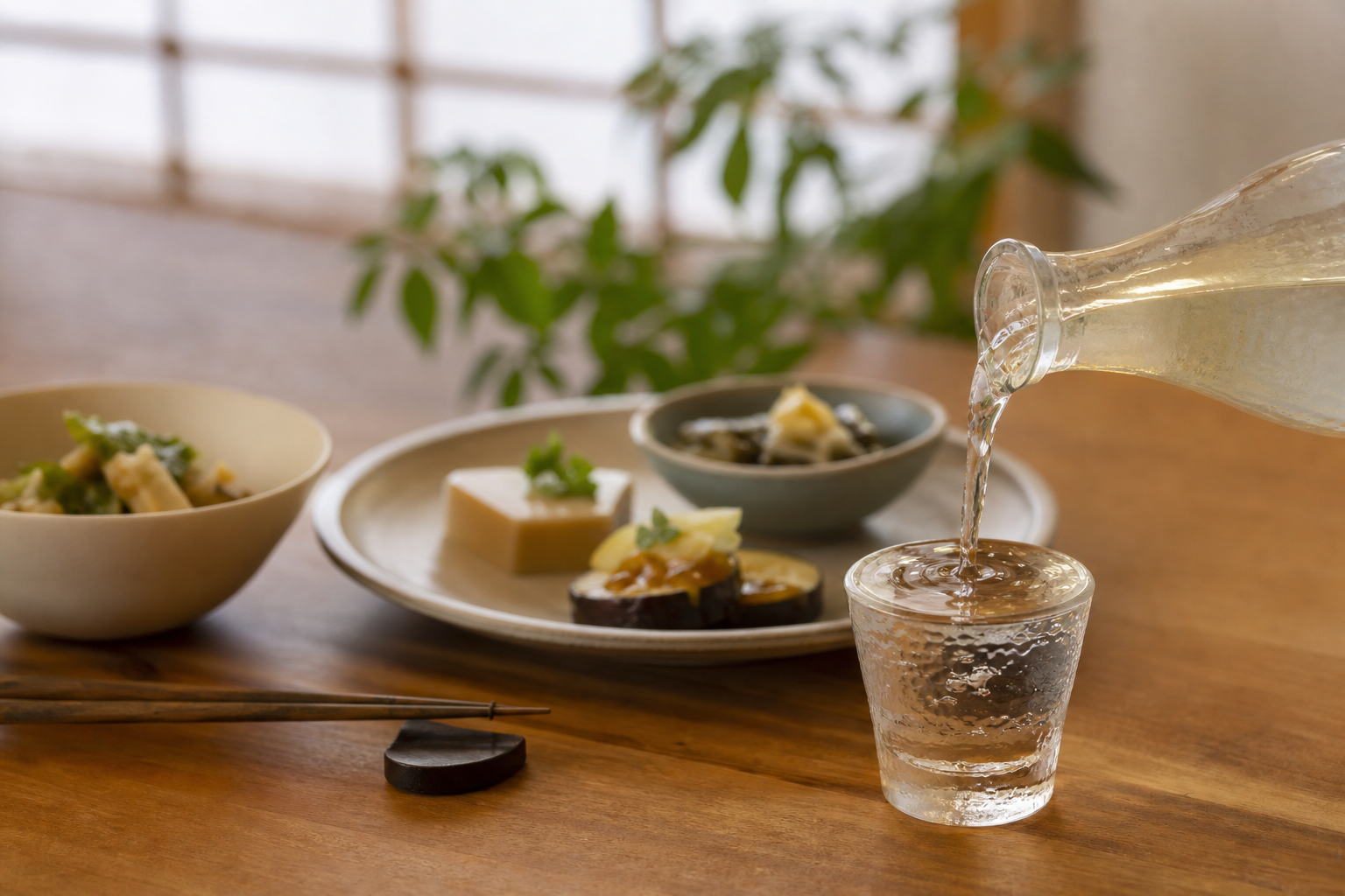 お猪口に注がれたノンアル日本酒と前菜が並ぶ食卓