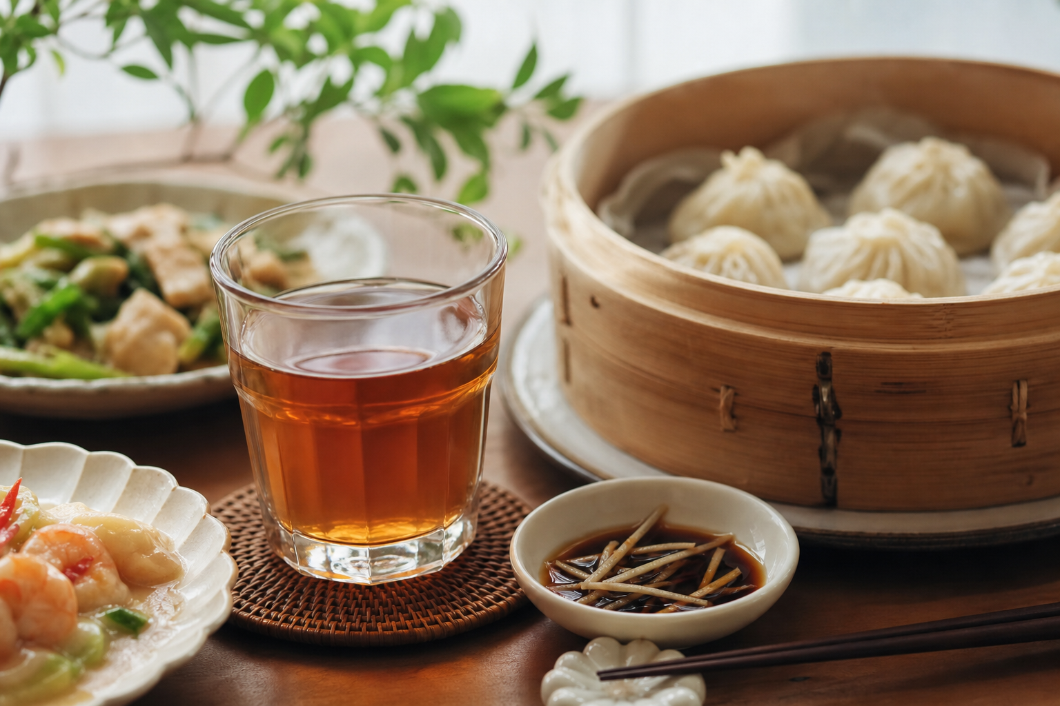 中華料理のテーブルにノンアル紹興酒風ドリンクと小籠包