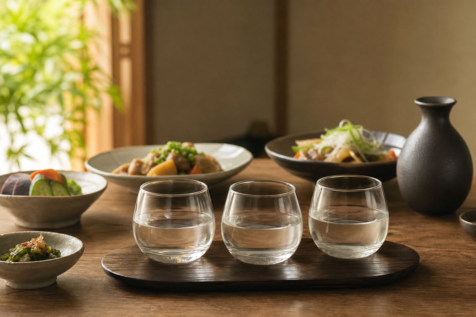 麦・芋・米のノンアルコール焼酎をグラスに注いだ和の食卓