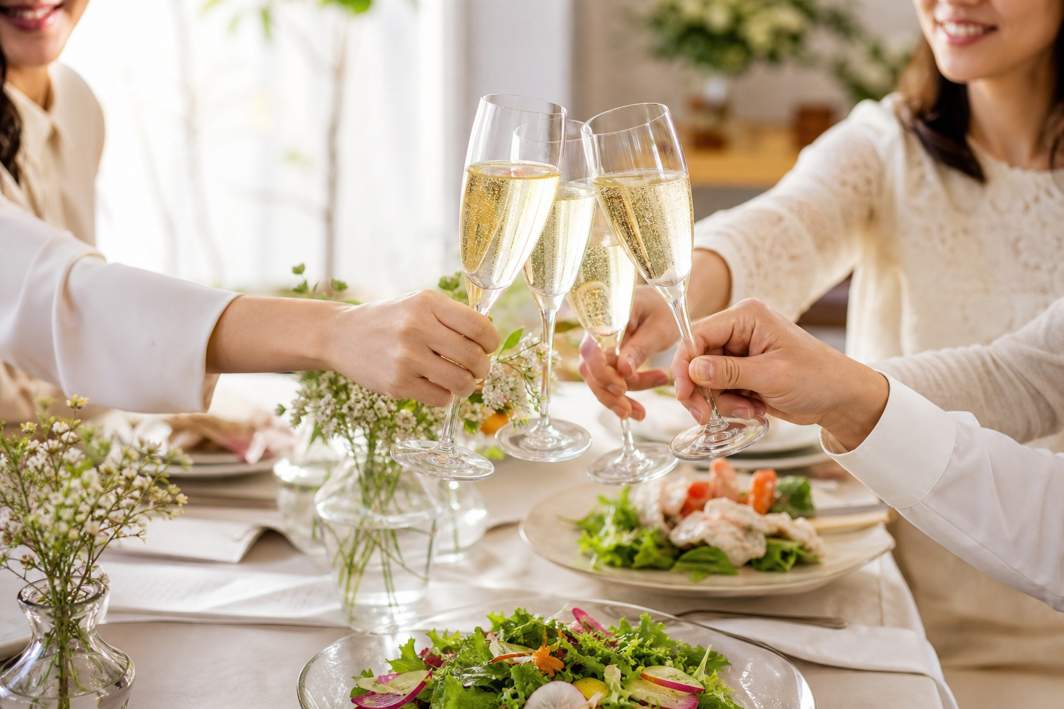 ノンアルコールスパークリングワインで乾杯する祝いの食卓