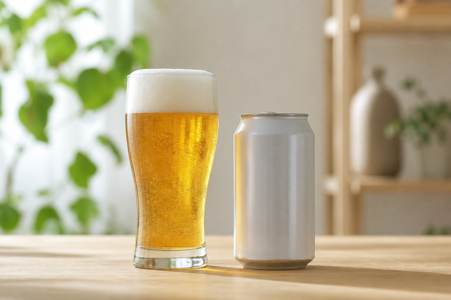 ビールグラスとノンアル缶を並べて比較する画像
