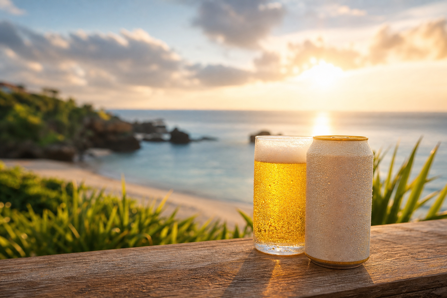 沖縄の海辺に置かれたノンアルビールのグラスとオリオン缶のイメージ